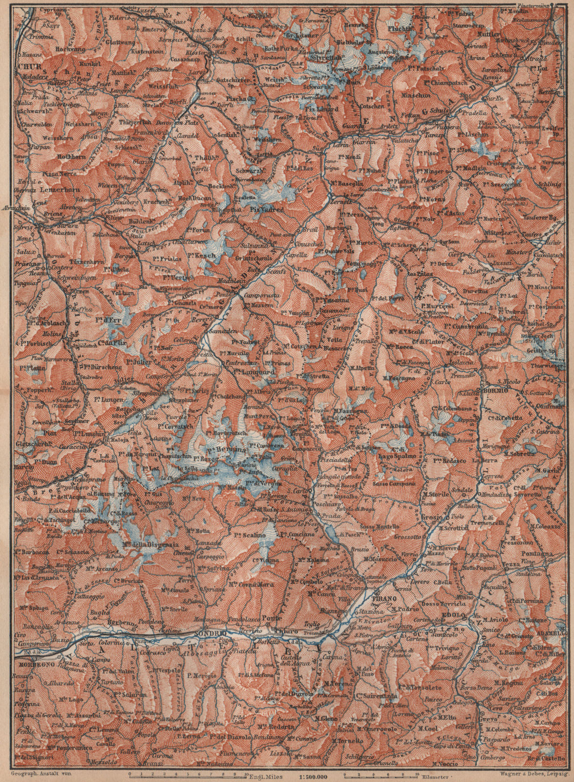 ENGADINE/VAL TELLINA. Davos Arosa Sils Bormio Livigno Sondrio Chur 1893 map